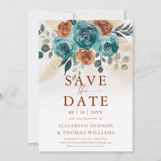 Save The Date Fall Love Turquoise Burnt Orange Wedding Enregistr (Devant)