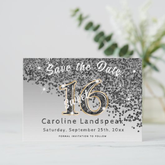 Save The Date Falling Black Parties scintillant Sweet 16 Party (Debout devant)