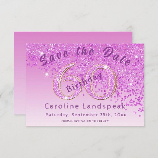 Save The Date Falling Pink Parties scintillant for 60th Birthday (Devant / Derrière)