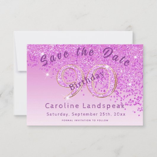 Save The Date Falling Pink Parties scintillant for 90th Birthday (Devant)
