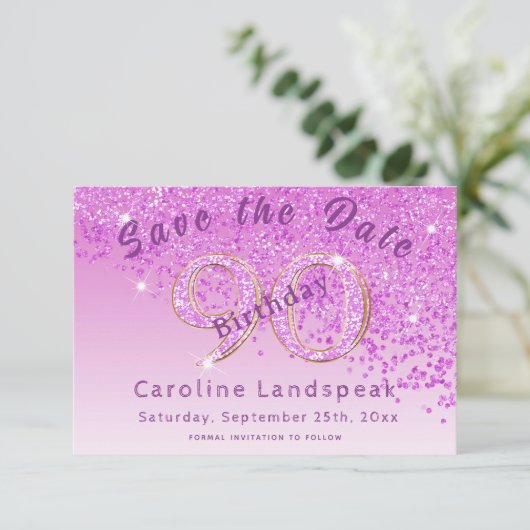 Save The Date Falling Pink Parties scintillant for 90th Birthday (Debout devant)