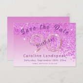 Save The Date Falling Pink Parties scintillant for 90th Birthday (Devant / Derrière)