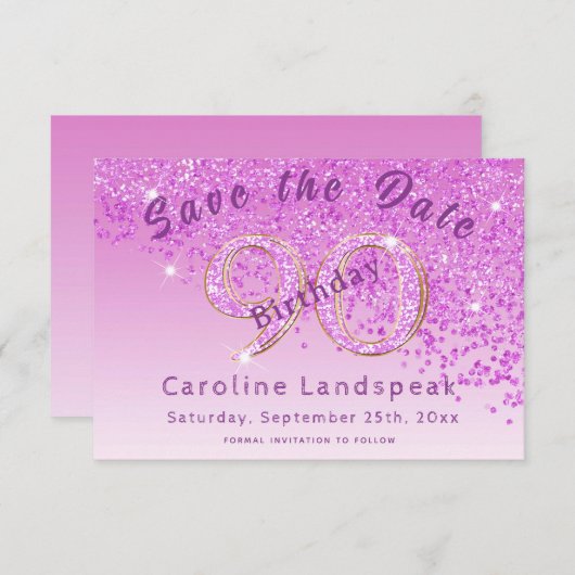 Save The Date Falling Pink Parties scintillant for 90th Birthday (Devant / Derrière)