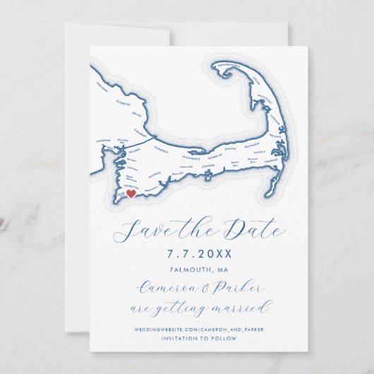 Save The Date Falmouth MA Cape Cod Map Marine Blue Mariage (Devant)