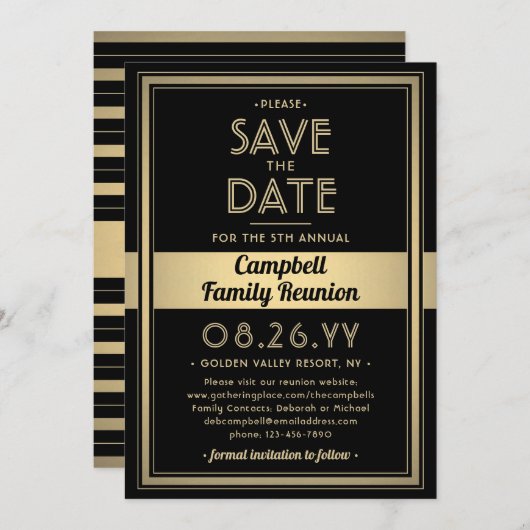 Save The Date Famille Réunion Moderne Elégant Black and Gold Par (Devant / Derrière)