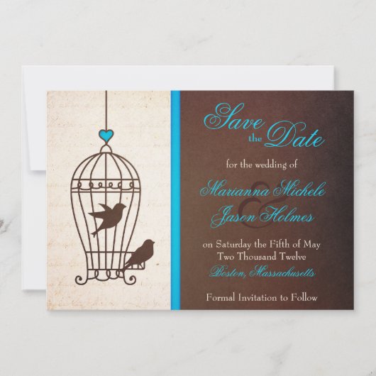 Save The Date Fanciful Bird Cage Turquoise & Chocolat Enregistre (Devant)