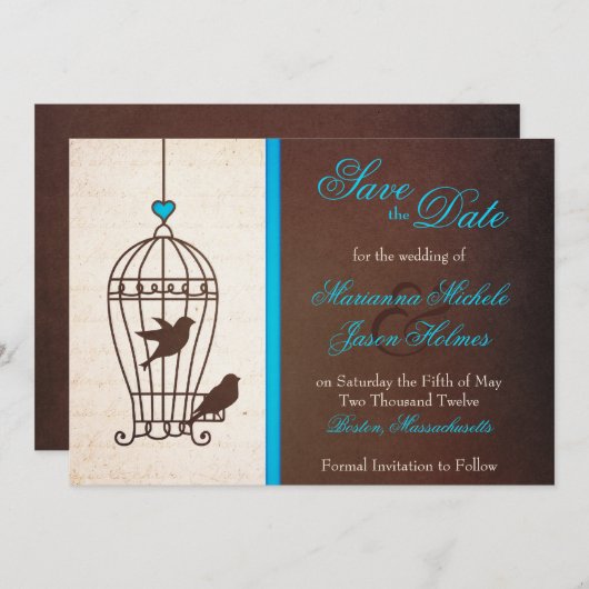 Save The Date Fanciful Bird Cage Turquoise & Chocolat Enregistre (Devant / Derrière)