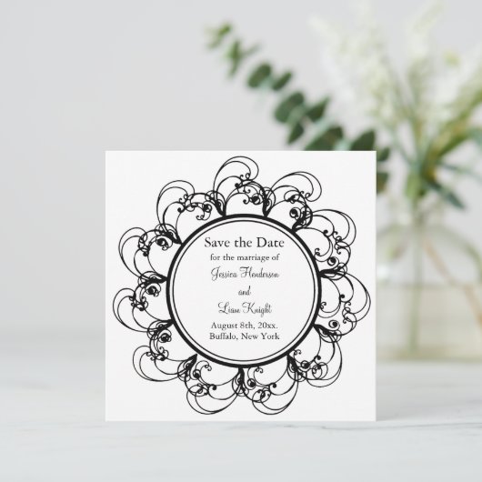 Save The Date Fancy Floral Enregistrer la date (noir/blanc) (Debout devant)