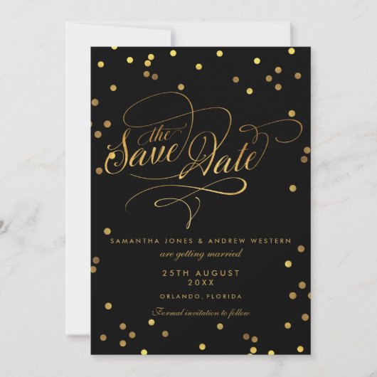 Save The Date Fancy Script Gold Confetti Mariage Enregistrer La (Devant)
