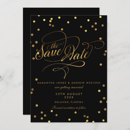 Save The Date Fancy Script Gold Confetti Mariage Enregistrer La  (Devant / Derrière)
