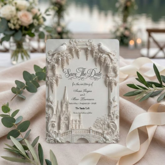 Save The Date Faux 3D Embossed Relief Cream Baroque Cathedral