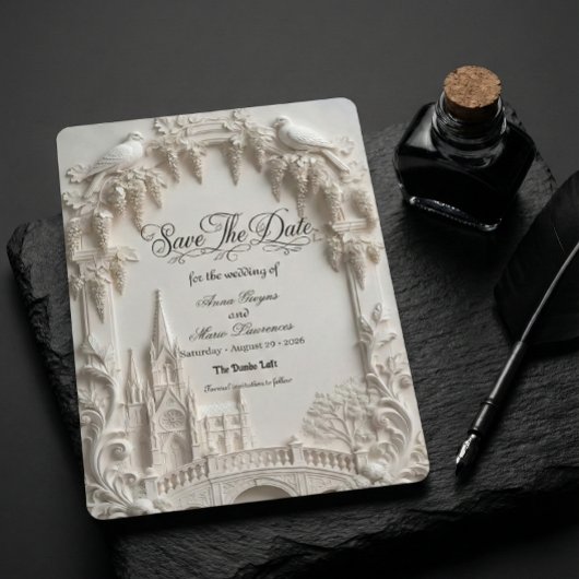 Save The Date Faux 3D Embossed Relief Cream Baroque Cathedral
