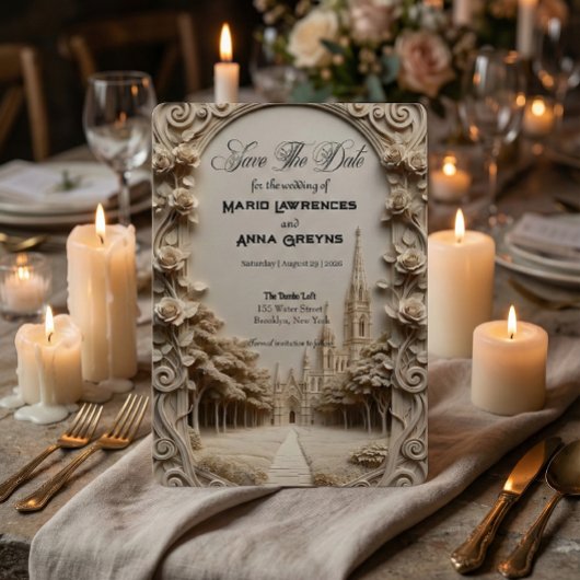 Save The Date Faux Bas-Relief Carved Floral Archway