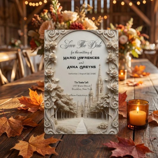 Save The Date Faux Bas-Relief Carved Floral Archway