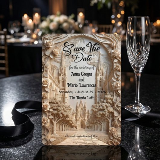 Save The Date Faux Embossed Cathedral Arch Floral Relief