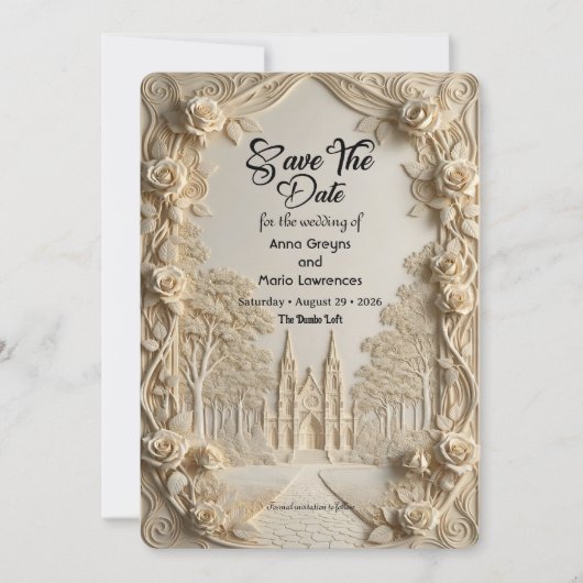 Save The Date Faux Embossed Relief Ivory Baroque Stone (Devant)