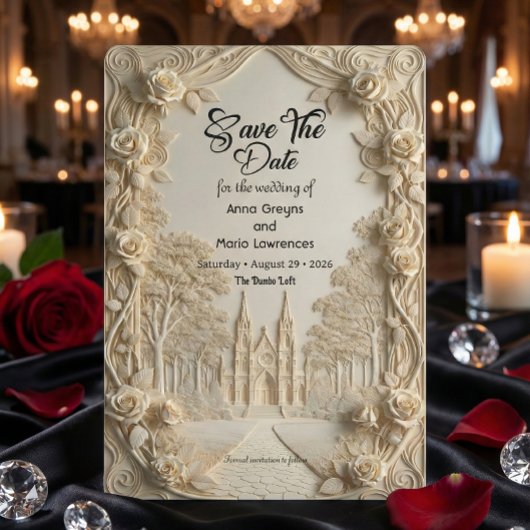 Save The Date Faux Embossed Relief Ivory Baroque Stone