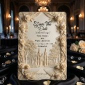 Save The Date Faux Embossed Relief Ivory Baroque Stone