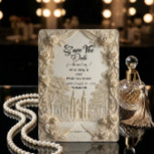 Save The Date Faux Embossed Relief Ivory Baroque Stone