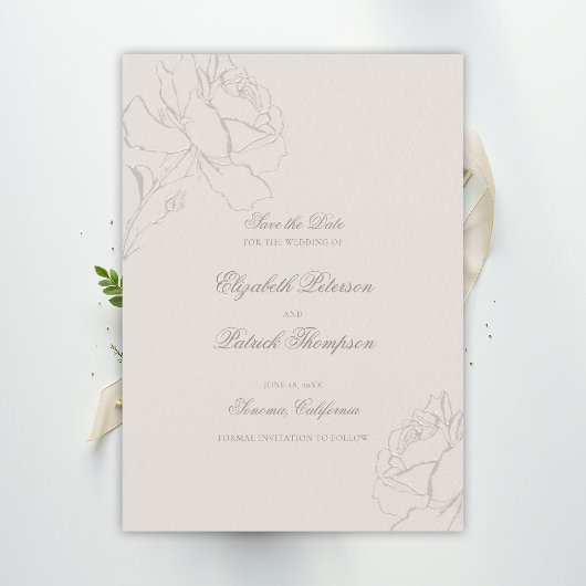 Save The Date Faux Embossed Roses Ecru Formal Classic Wedding