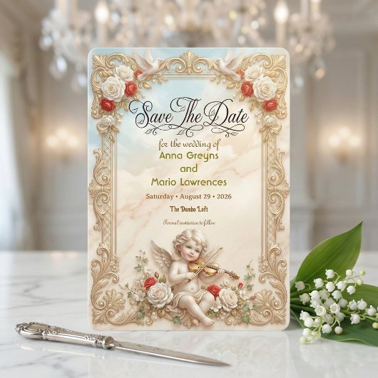 Save The Date Faux filigrane doré et marbre imprimé rococo