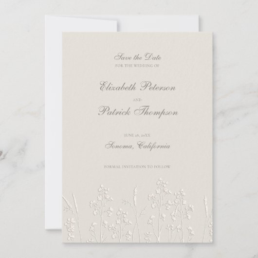 Save The Date Faux Fleurs sauvages Embossés Ecru Mariage formel (Devant)