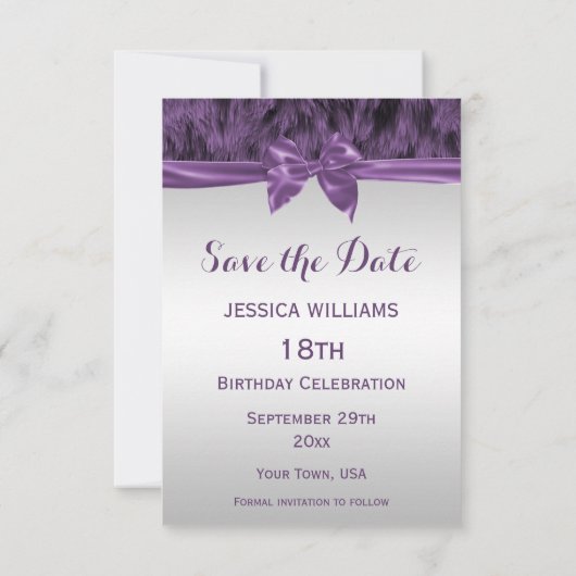 Save The Date Faux Fur & Purple Bow Anniversaire Enregistrer La  (Dos)