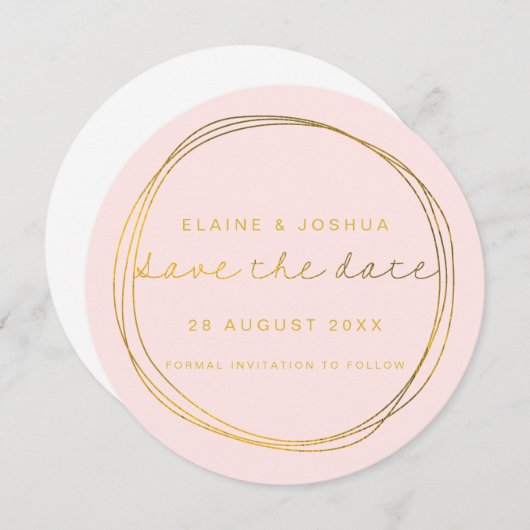Save The Date Faux Gold Abstrait Scribble Circle Blush & Gold (Devant / Derrière)