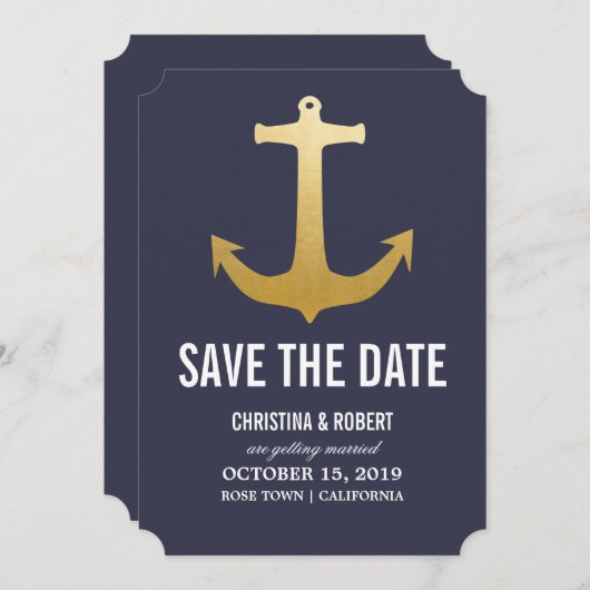 Save The Date Faux Gold Foil Ancre Nautique Enregistrer La Date (Devant / Derrière)