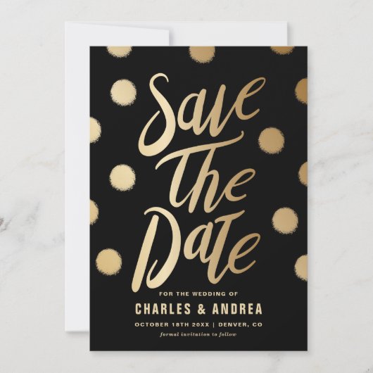 Save The Date Faux Gold Foil Dots Modern Black (Devant)