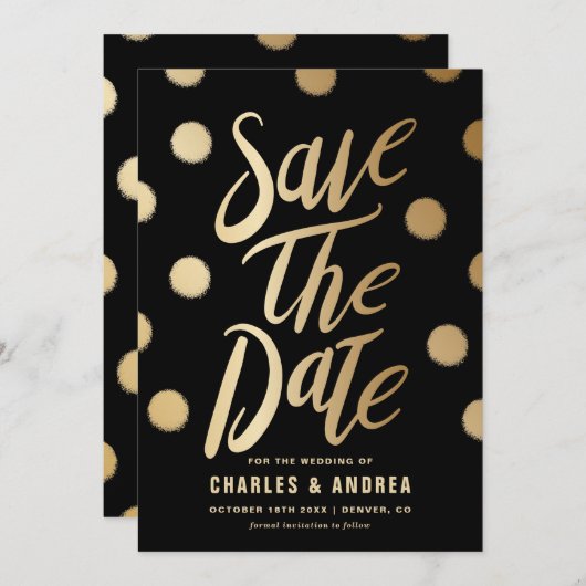 Save The Date Faux Gold Foil Dots Modern Black (Devant / Derrière)