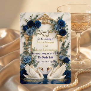 Save The Date Faux Or Feuille & Cygnes De Marbre Bleu Royal Flor