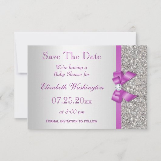 Save The Date Faux Purple Bow Diamonds Enregistrer Le Baby showe (Dos)
