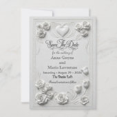 Save The Date Faux relief blanc à l'emblème de rose (Devant)