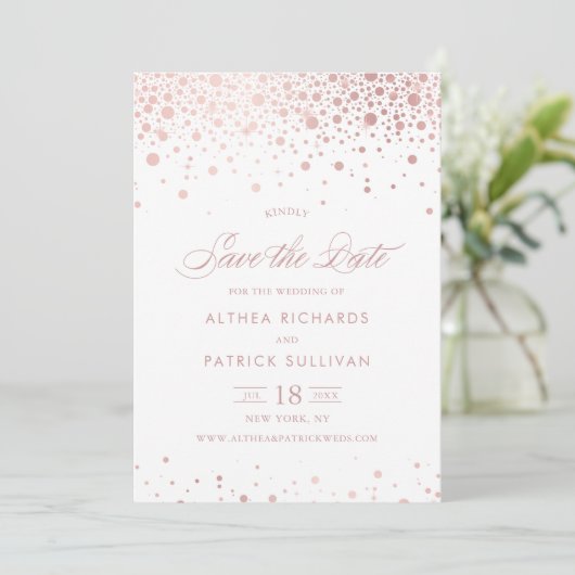 Save The Date Faux rose doré confettis points mariage (Debout devant)