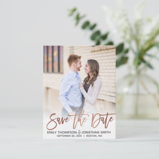 Save The Date Faux Rose Gold Foil Script Photo Enregistrer la da (Debout devant)
