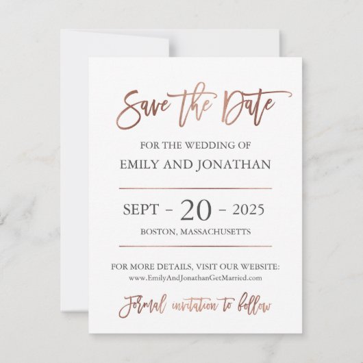 Save The Date Faux Rose Gold Foil Script Photo Enregistrer la da (Dos)