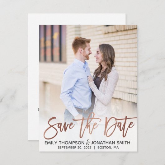 Save The Date Faux Rose Gold Foil Script Photo Enregistrer la da (Devant / Derrière)