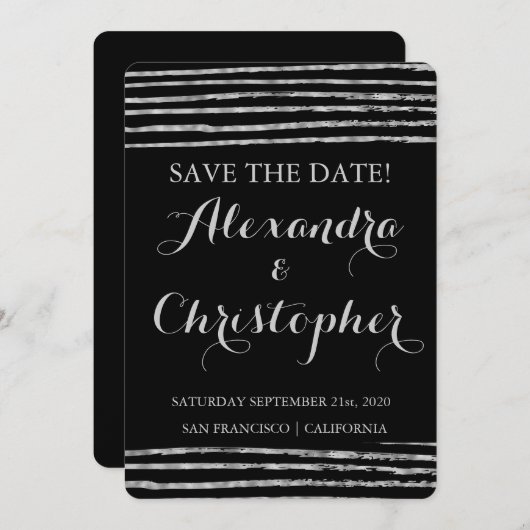 Save The Date Faux Silver Foil Enregistrer la date Elégant maria (Devant / Derrière)