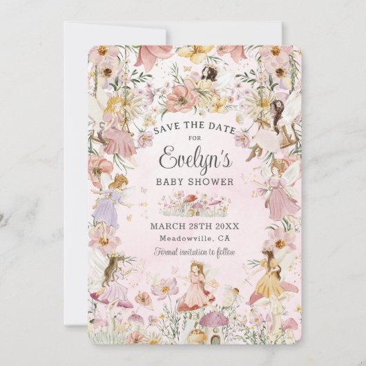 Save The Date Fées de Whimsical Baby shower Fleur Jardin Pré (Devant)