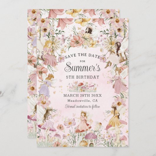 Save The Date Fées Whimsical Anniversaire Fleur Jardin prairie (Devant / Derrière)