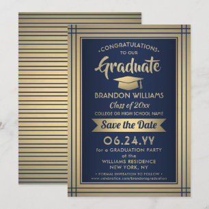 Save The Date Félicitations Marine et Gold Stripes Graduation
