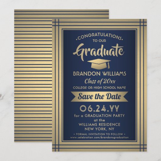 Save The Date Félicitations Marine et Gold Stripes Graduation (Devant / Derrière)