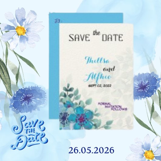 Save The Date Felt Ecru Paper Bleu Floral Fleur Épargnez la Date
