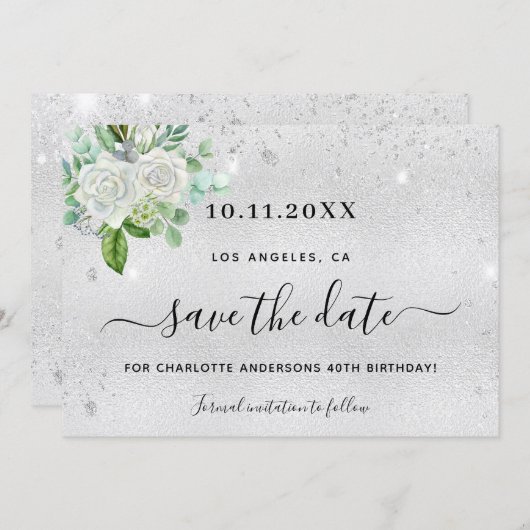 Save The Date Fête anniversaire argent floral enregistrer la dat (Devant / Derrière)