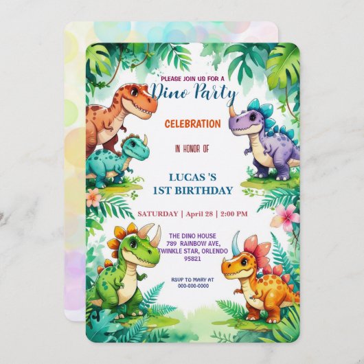 Save The Date Fête d'anniversaire 1 an fleur sauvage dinosaure m (Devant / Derrière)