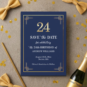 Save The Date Fête d'anniversaire 24 ans Elegant Blue Gold