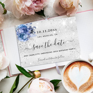 Save The Date Fête d'anniversaire argent bleu floraux parties sc