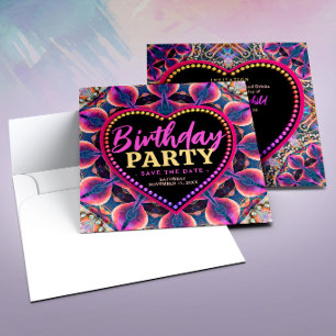 Save The Date Fête d'anniversaire cœur hippie psychédélique rose