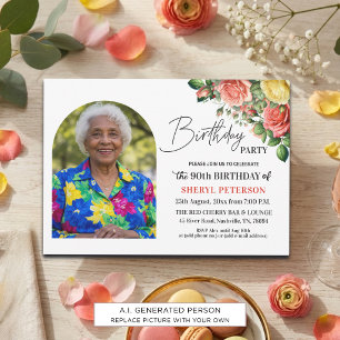 Save The Date Fête d'anniversaire des 90 ans avec photo florale